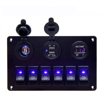 

12-24V 6Gang 12V Blue LED Rocker Switch Panel Car Boat Circuit Dual USB Waterproof Splash-proof Anti-corrosion Switch Panel