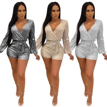 

Sexy Women Sequins Jumpsuit Long Sleeve Rompers V-neck Shorts Dance Evening Party Overalls Club Wear Clothing Outfits Fashion