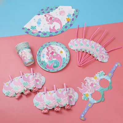 

Set / New Mermaid Party Theme Happy Birthday Pink Disposable Tableware Paper Plates Paper Cups For Birthday Parties Children