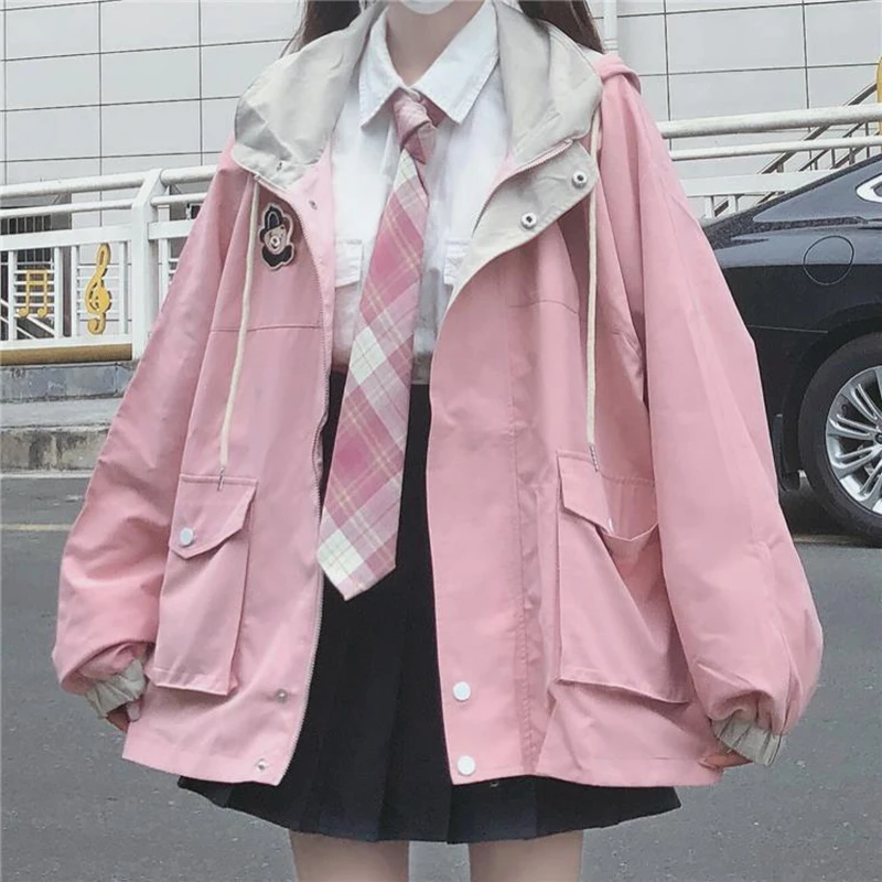 Japanese Kawaii Zipper Pink Woman Jacket 2022 New Korean Color Matching ...