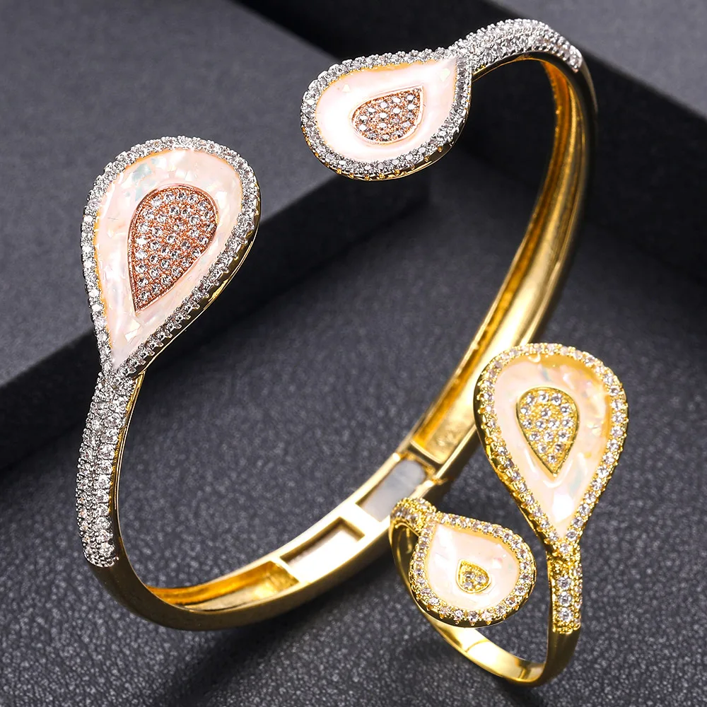 Jankely Роскошный Уникальный Африканский браслет кольцо набор комплекты украшений для женщин свадебный кубический циркон Кристалл CZ Дубай Свадебный ювелирный набор - Окраска металла: 3 Tones