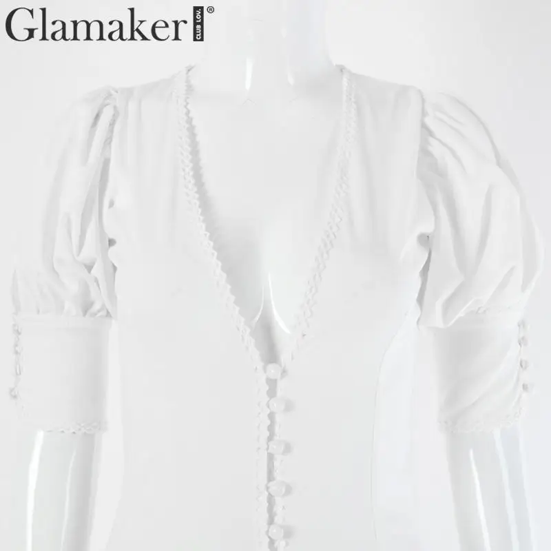 Glamaker сексуальное Белое Облегающее короткое платье с v-образным вырезом женское осеннее элегантное платье с пышными рукавами женские зимние вечерние Клубные платья vestidos
