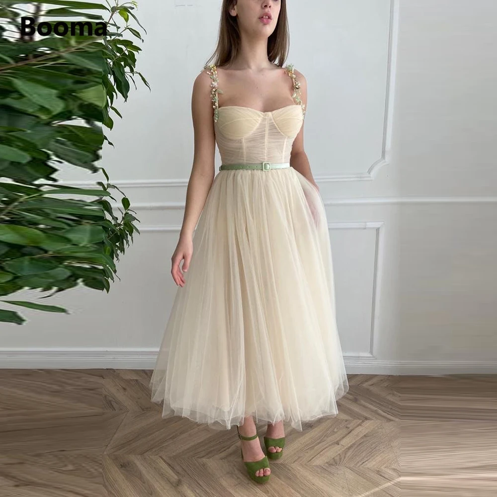 Booma Simple Beige Tulle Midi Prom Dresses 2021 Spaghetti Straps Pleated  Tea-length Prom Gowns With Pockets Wedding Party Gowns - Prom Dresses -  AliExpress
