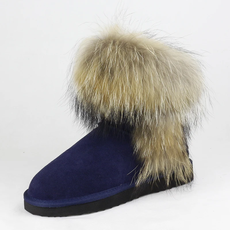 UVWP; высококачественные женские зимние ботинки с натуральным лисьим мехом; модные женские ботинки из натуральной кожи; теплая женская зимняя обувь; - Цвет: Navy Blue