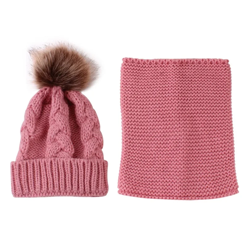 MLTBB/Новое поступление, зимние шапочки, шапки, шарф, Детская вязаная теплая шапка с помпоном для мальчиков и девочек, одноцветная мягкая шапочка, шарф, шапка, 2 шт - Цвет: pink