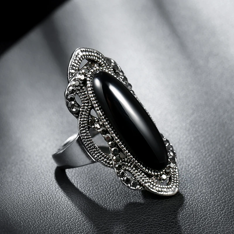 Finger Ring Silver Ring Bohemian Black Stone Ring Silver Color Mosaic AAA Gray Crystal Big Oval Rings For Women Vintage Jewelry finger ring silver ring