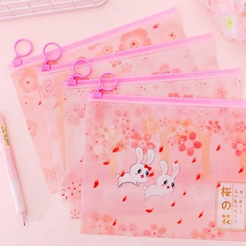 

Cherry Blossoms Rabbit PVC Document Bag File Folder Pencil Case Stationery Holder Organizer Ring File Bag Pen Coin Purse