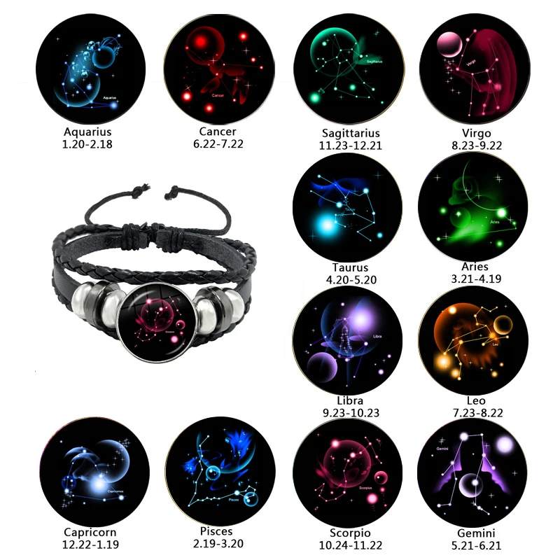 Aries/Taurus/Gemini/cáncer/LEO/Virgo/Libra/horóscopo Escorpio Botón de señales pulsera de cuero, joyería de 12 Constelaciones para cumpleaños