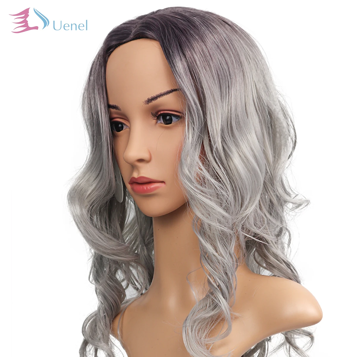 UENEL Long Curly Hair With A Gradient of Dark Gray Ombre Synthetic Wigs