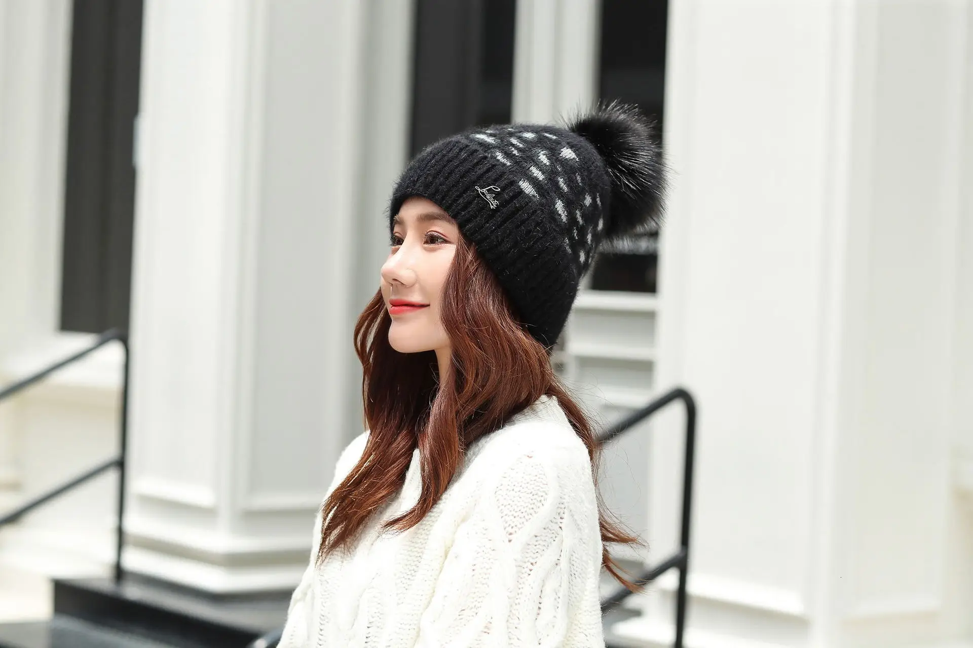 Women Beanies Pom Poms Rabbit Hat Beanie Knitted Skullies Fashion Caps Ladies Knit Cap Winter Hats For Women