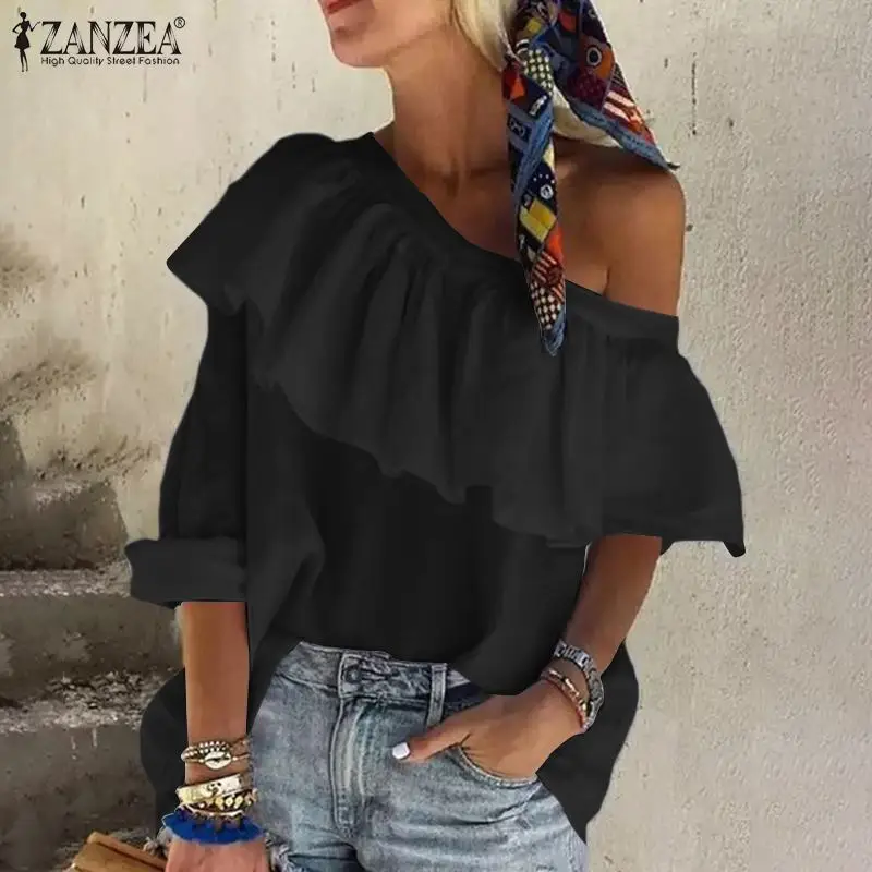 Moda ZANZEA Off ramię bluzki damskie letnie wzburzyć bluzki 2022 na co  dzień kobiet koszulka Solid falbany Blusas bluzka|Blouse| - AliExpress