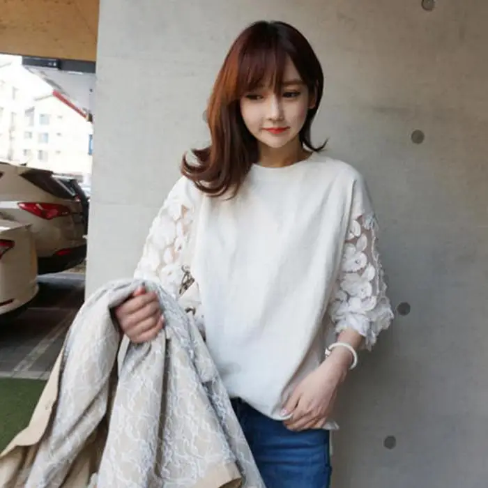 Pop Women Autumn T-shirts 3/5 Sleeves Loose Slim Fit Lace Round Neck Jacquard Weave Pop 88