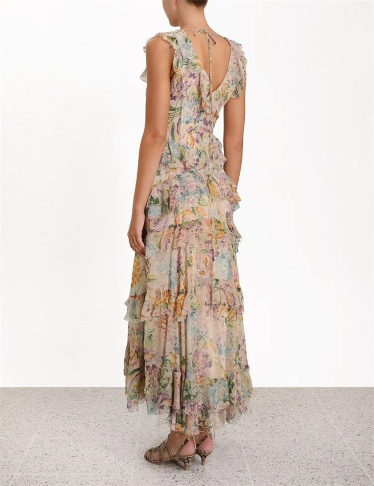 Zimm дизайнерское платье женское элегантное с v-образным вырезом каскадные оборки цветочный принт Макси платье богемное Плиссированное длинное платье для женщин