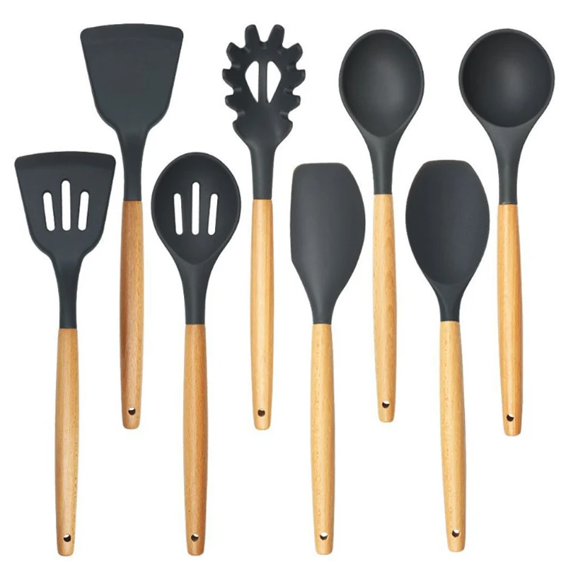 

8pcs Kitchen Utensils Set Silicone Wooden Cooking Tools Turner Spatula Handle Soup Ladle Cookware Spoon Slotted Shovel Scrapers