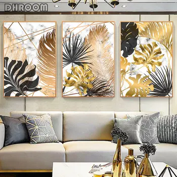 

Nordic Plants Golden Leaf Canvas Painting Botanical Posters and Print Abstract Wall Art Pictures for Living Room Modern Decor