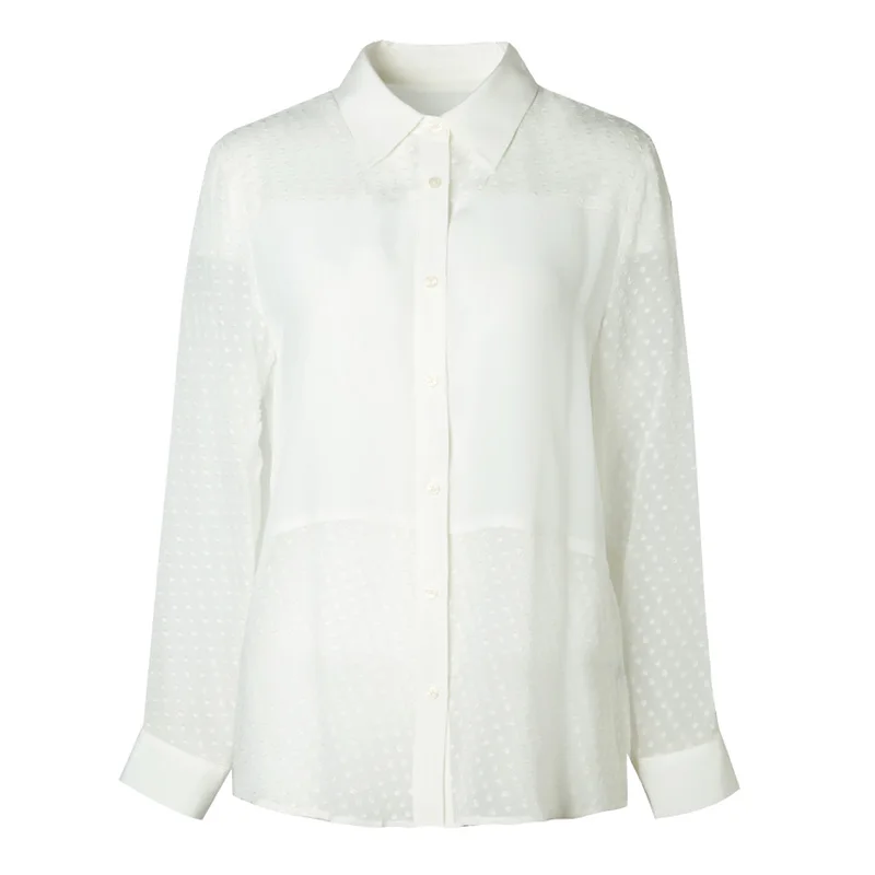 Женская шелковая блуза из натурального шелка креп белые блузки в горошек для женщин блузка с длинными рукавами рубашка Офисная Женская блузка