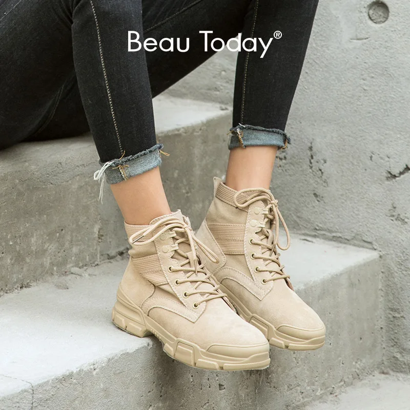 

BeauToday Ankle Boots Women Cow Suede Leather Canvas Combat Boot Cross-Tied Round Toe Autumn Winter Lady Desert Shoes 04024