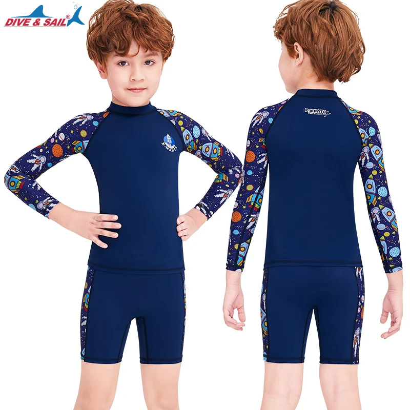 VertAst Boys 2 Pieces Swim Set Surfing Long Sleeve Sun Protective Top Swim Jammer shorts Suit for Age 2-13 
