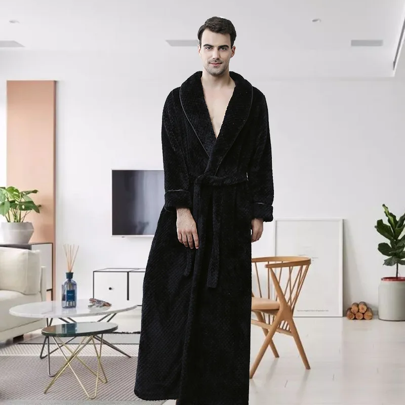 man black Зимний удлиненный теплый фланелевый Халат, зимний велюровый Халат для пар, зимний плотный фланелевый термо банный халат, кимоно, Халат - Цвет: man black