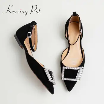 

Krazing pot gorgeous summer kid suede pointed toe low heels rhinestone square buckle decorations ankle straps wedding pumps L37