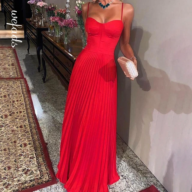Wefads New Summer Bandage Dress Women's Sexy Pleated Strap Club Celebrity Evening Party Long Dresses RED
