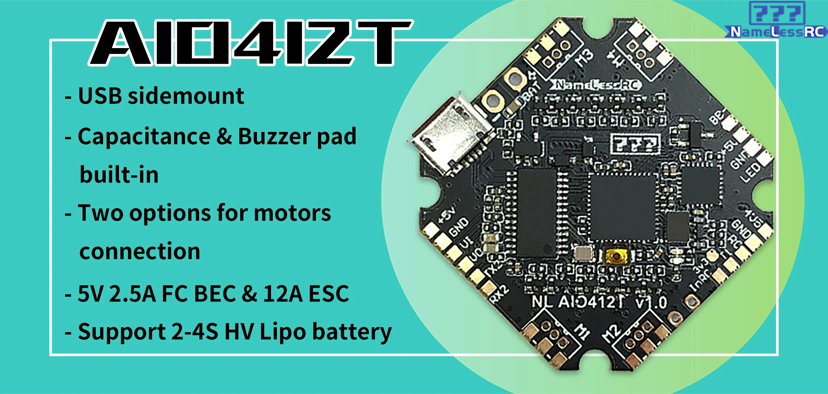 Контроллер полета FullSpeed NameLessRC AIO412T F4 AIO f411+ 12A ESC 2-4S HV DShot600 для BETAFPV для дрона Diatone 65-100 мм FPV