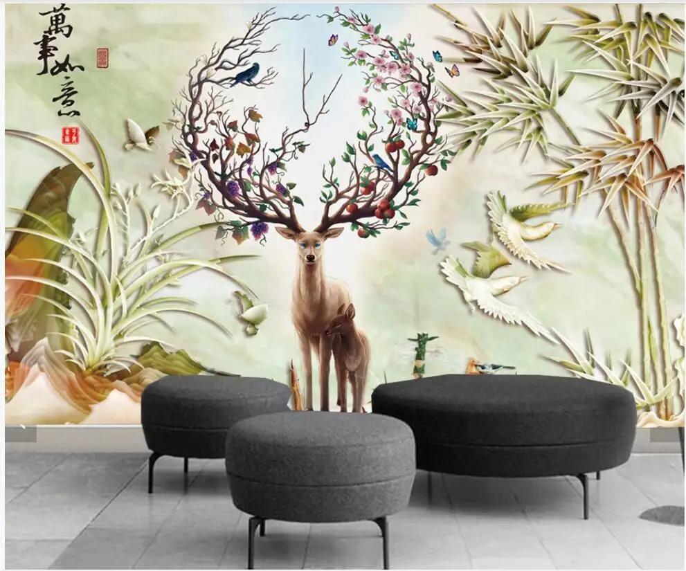 

Custom photo 3d wall paper mural on the wall Chinese style jade carving elk orchid home decor photo wallpaper in the living room