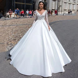 Gorgeous Ball Gown Satin Wedding Dress Deep V Neck Long Sleeveless Lace Appliqued Sweep Train Backless Bridal Gown