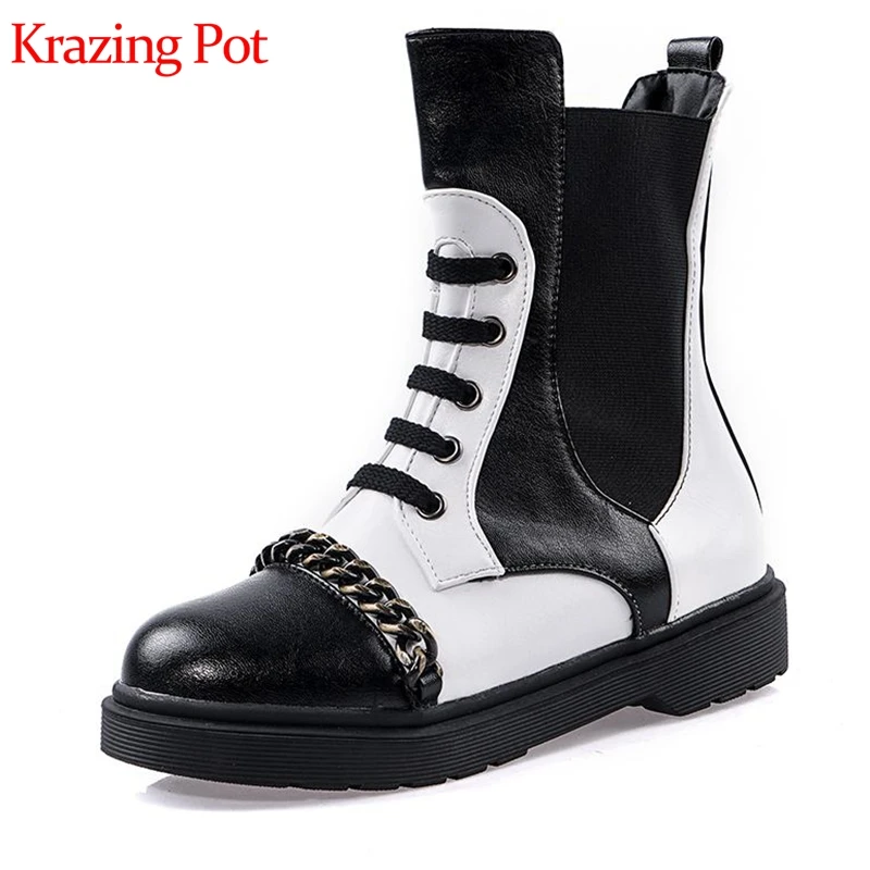 

Krazing pot PU winter season round toe low heel vacation slip on metal chains mixed color Limited customization ankle boots l9f5