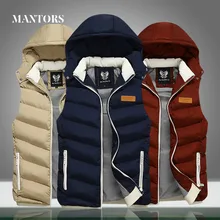Зимние мужские куртки без рукавов, новинка, мужской повседневный жилет, верхняя одежда, пальто, мужские теплые плотные одноцветные Жилеты с капюшоном, приталенная куртка