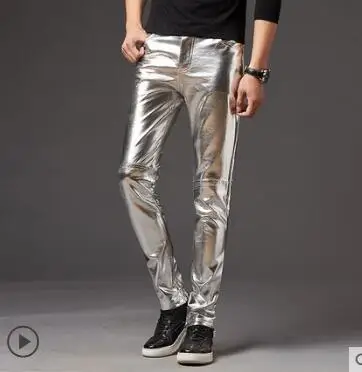 silver S-5XL, новинка, мужские Модные певец, ди-джей, gd глянцевые штаны из искусственной кожи, облегающие мотоциклетные кожаные брюки, Мужские Сценические костюмы для ночного клуба - Цвет: silver