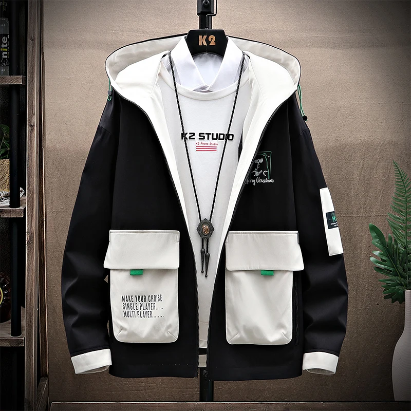 

Casual 2023 Spring Autumn Mens Hooded Jackets And Coats Outwear Silm Patchwork Windbreaker Streetwear Hip Hop Youth Top Clothing