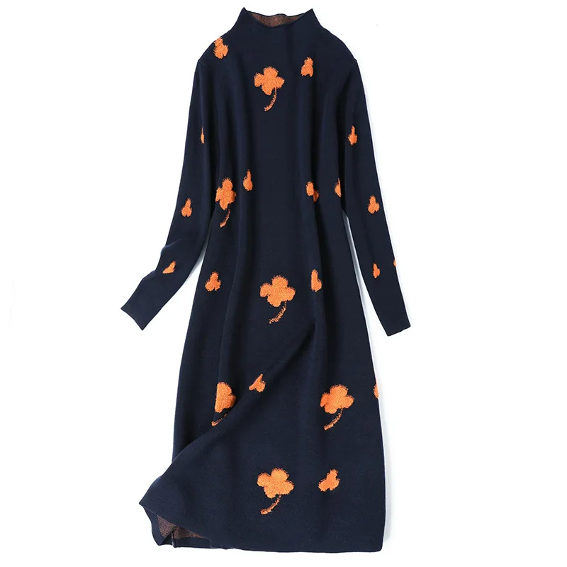 Best Price High Quality Brand New 2019 Warm Winter Dress Women Flower Patterns Knitting Long Sleeve Mid-Calf Length Blue Long Sweater Dress