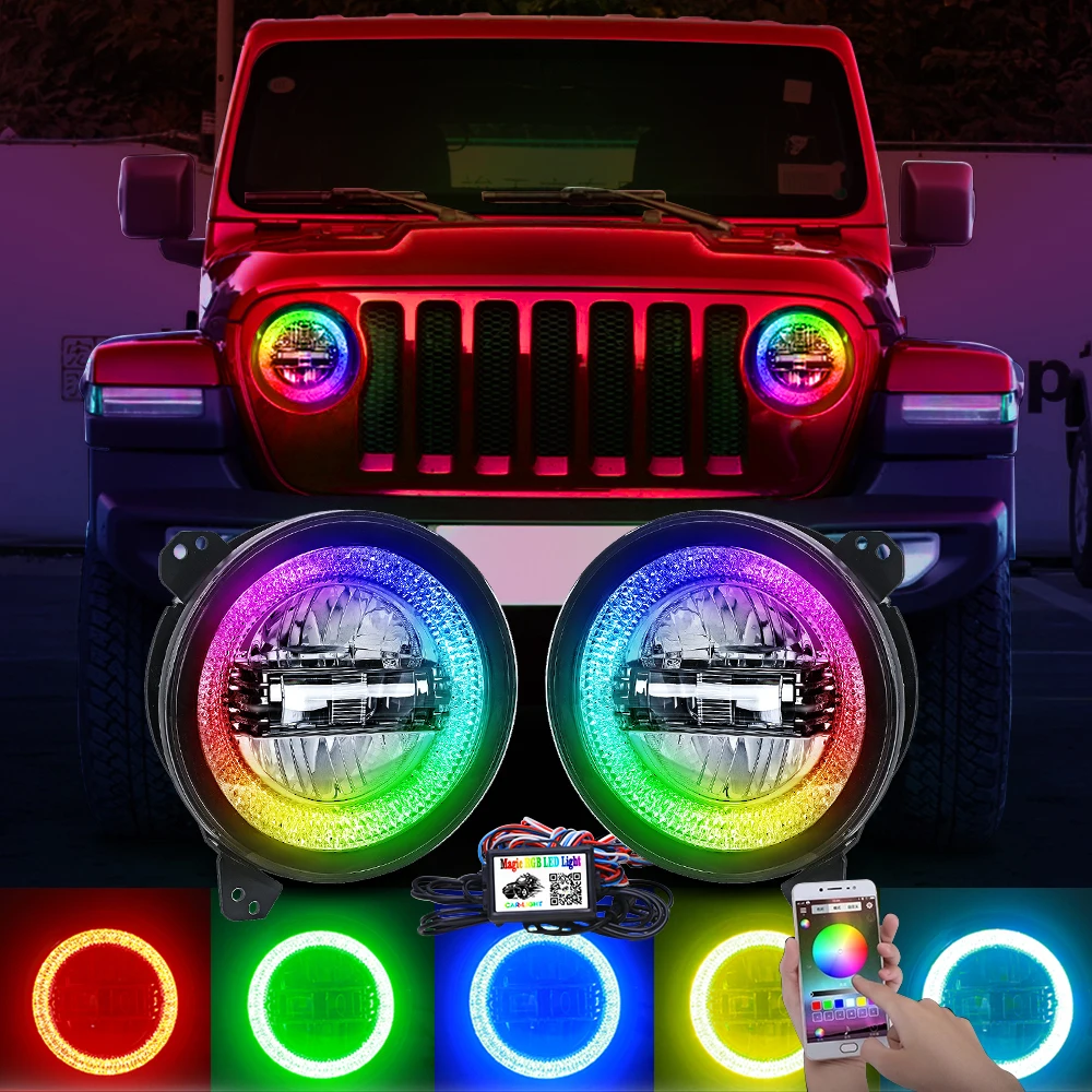 RGB Multi-color 9 inch LED Headlight with Angel Eyes Bluetooth App Remote Control for For Jeep Wrangler JL 2018+