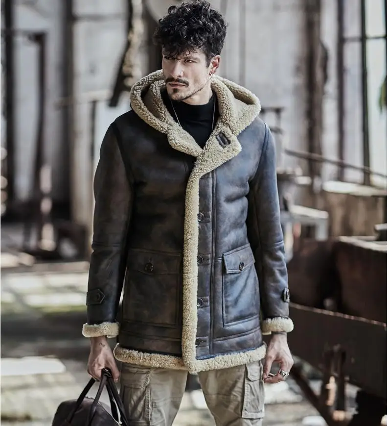 men winter thicker fur one leather jacket hooded long sheepskin