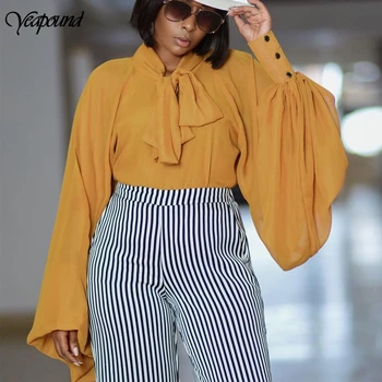 

Office Ladies Bow-neck Women Blouse Shirt Summer Long Sleeve Blouses Elegant Work Wear Female Top Chiffcon Blusas