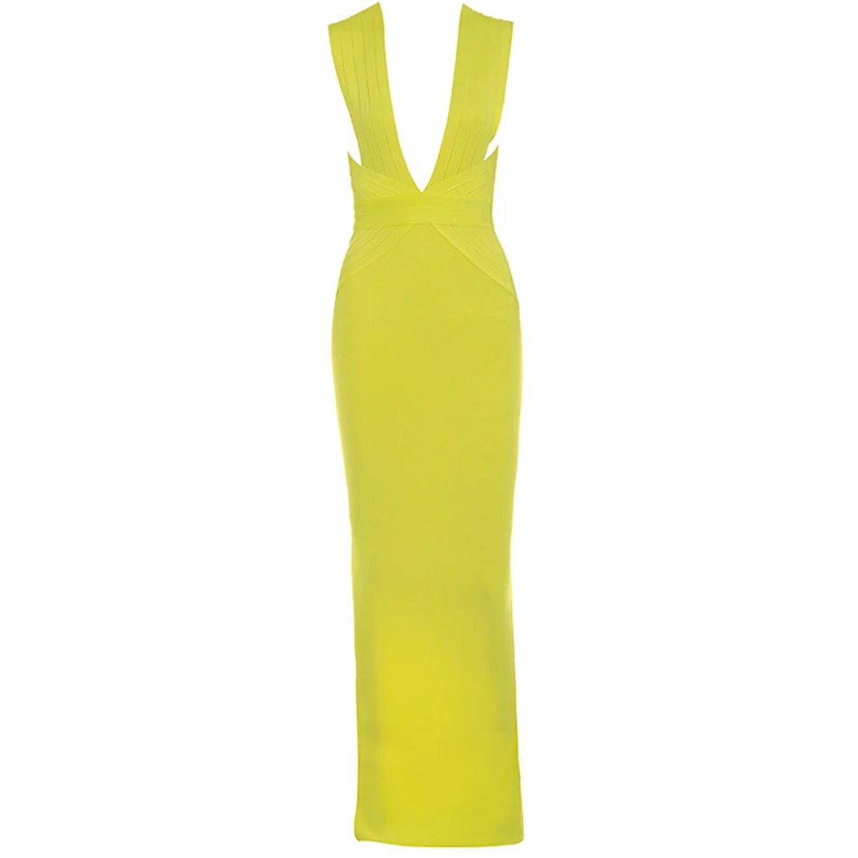 Модное Бандажное платье желтое Сексуальное длинное облегающее платье для вечеринок из вискозы с открытой спиной с глубоким v-образным вырезом вечернее облегающее платье сексуальная женская одежда - Цвет: Цвет: желтый