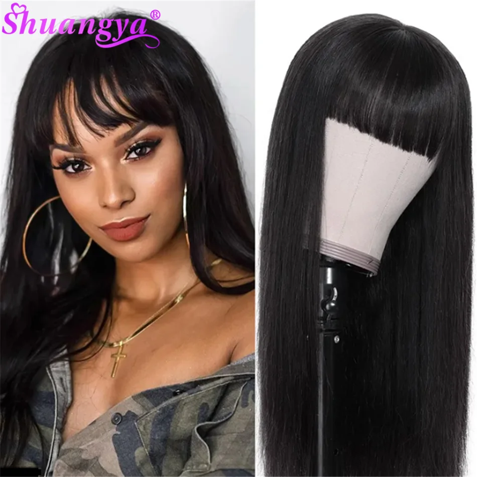 

Mongolian Straight Human Hair Wigs With Bangs Lace Front Human Hair Wigs Hot Sale Pre Plucked Lace Front Full Human Hair Wigs