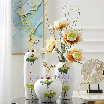 

CHINESE STYLE CERAMIC VASE CRAFTS DECORATION WITH COVER GOLDEN HANDMADE LIVING ROOM FLOWER ARRANGEMENT HAND DECORATION