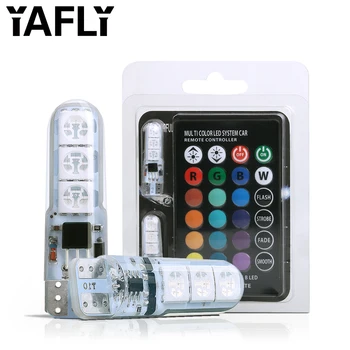 

YAFLY 2x T10 194 168 W5W RGB LED Bulbs Remote Control 5050-6 Silicone Shell Strobe Flash Auto Reading Lamp Car Headlight Light