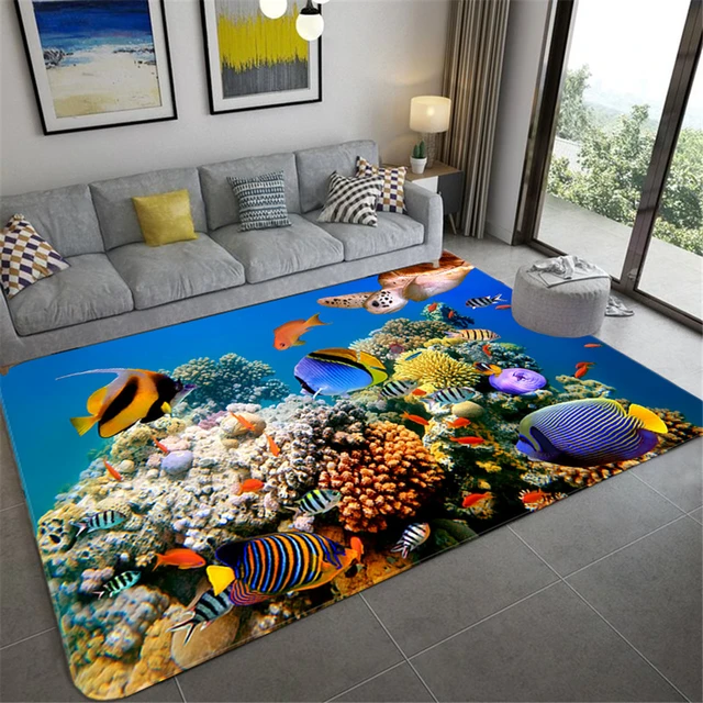 Alfombra 3D de peces marinos, tapete azul para dormitorio de niños, tapete  suave para mesa de