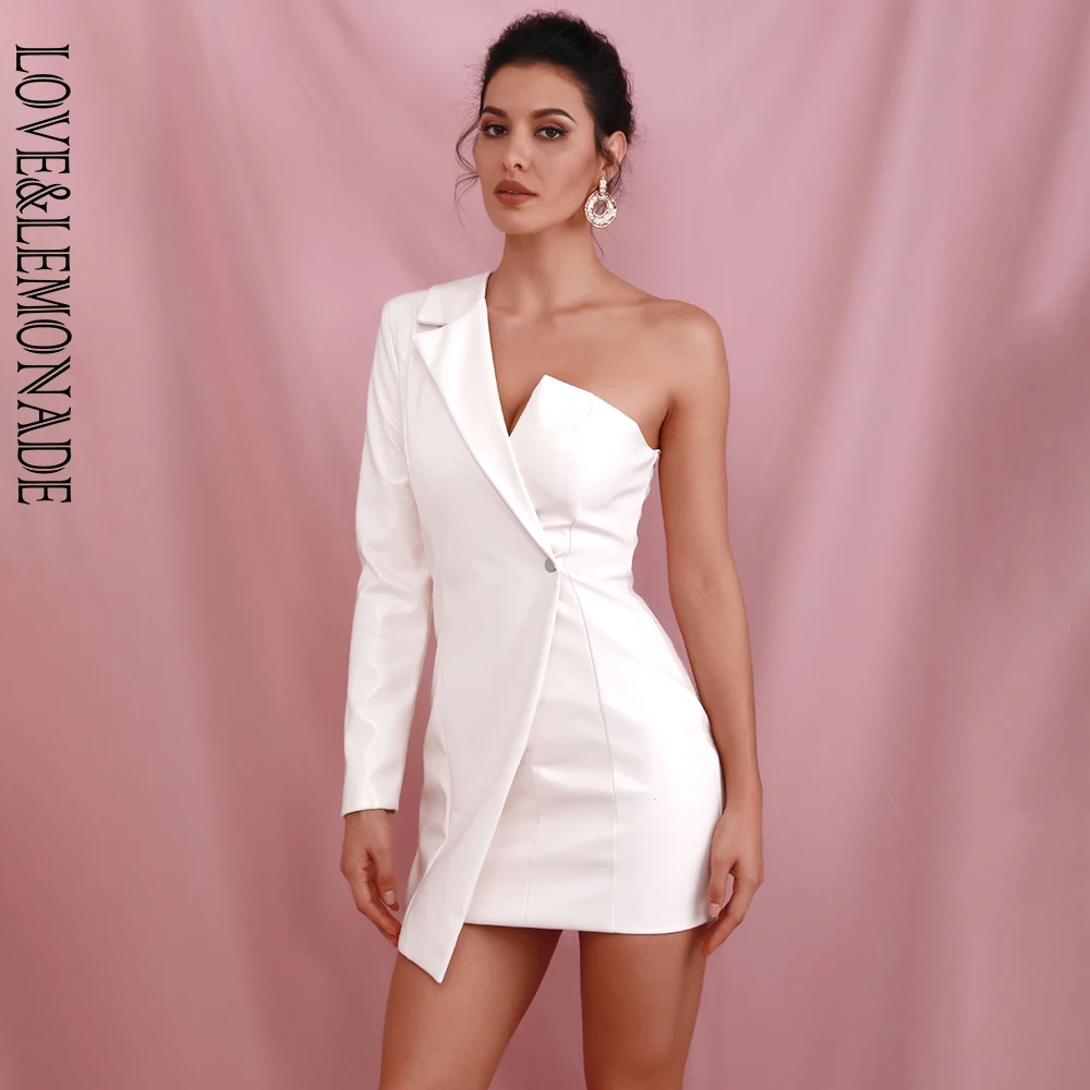 LOVE&LEMONADE Sexy White Irregular Collar Cross Long Sleeve Reflective PU Bodycon Party Mini Dress(With Zip) LM81781-2