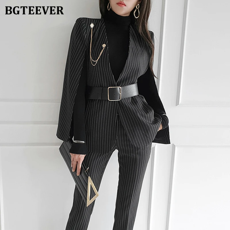 BGTEEVER Stylish Women Blazer Set Belted Cloak Jacket & Suit Pants ...