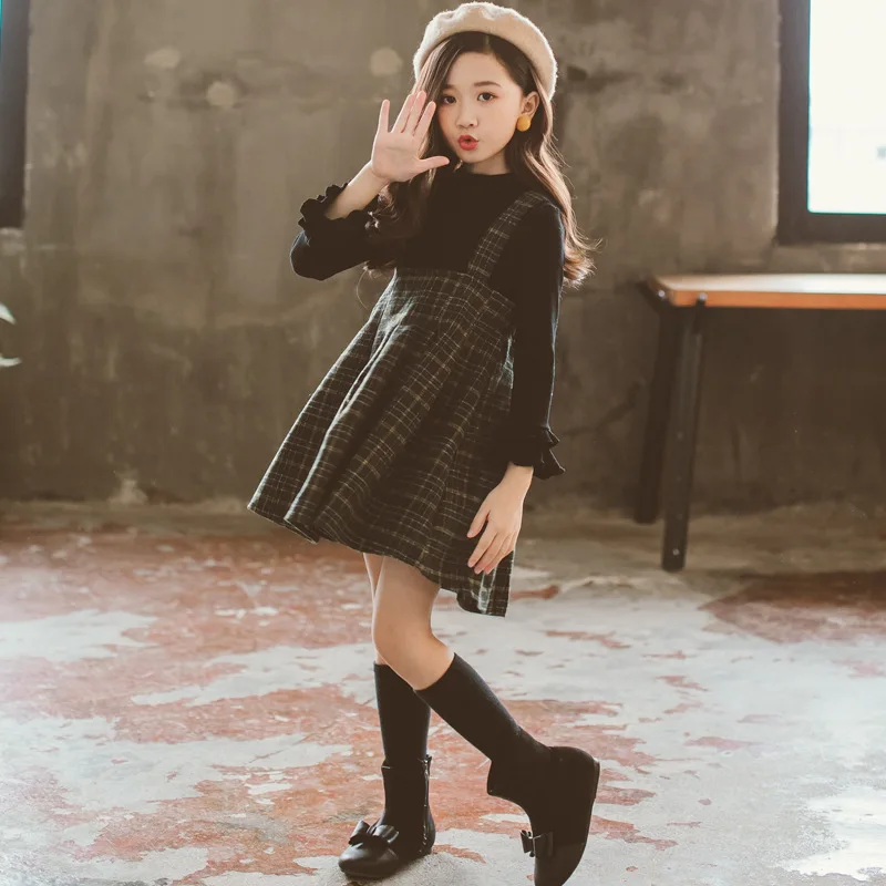 

CHILDREN'S Suit 2019 Autumn And Winter New Products Western Style GIRL'S Knitted T-shirt Baby GIRL'S Woolen Plaid Suspender Skir