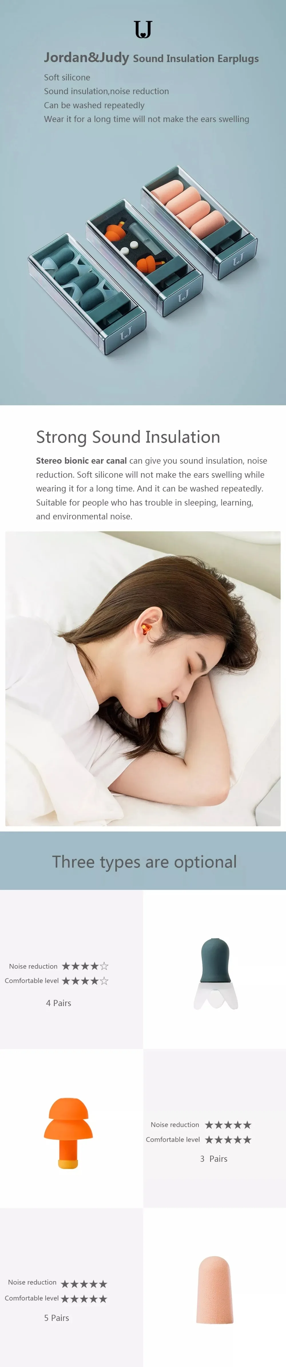 Xiaomi Jordan&Judy затычки для ушей для сна с шумоподавлением удобные многоразовые затычки для ушей с восстановлением ушей с фильтром шума
