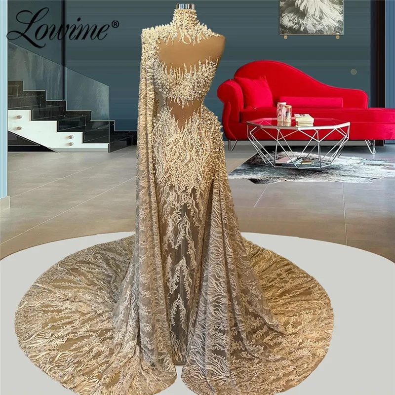 

Lace Champagne Long Evening Dresses Formal Dubai Design Arabic Muslim Women Mermaid Party Gowns Middle East Prom Dress Plus Size