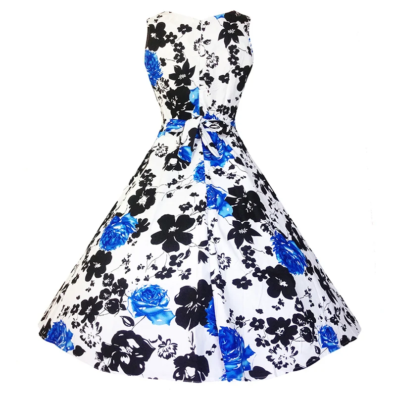 Kostlish Cotton Summer Dress Women 2017 Sleeveless Tunic 50s Vintage Dress Belt Elegant Print Rockabilly Party Dresses Sundress (88)