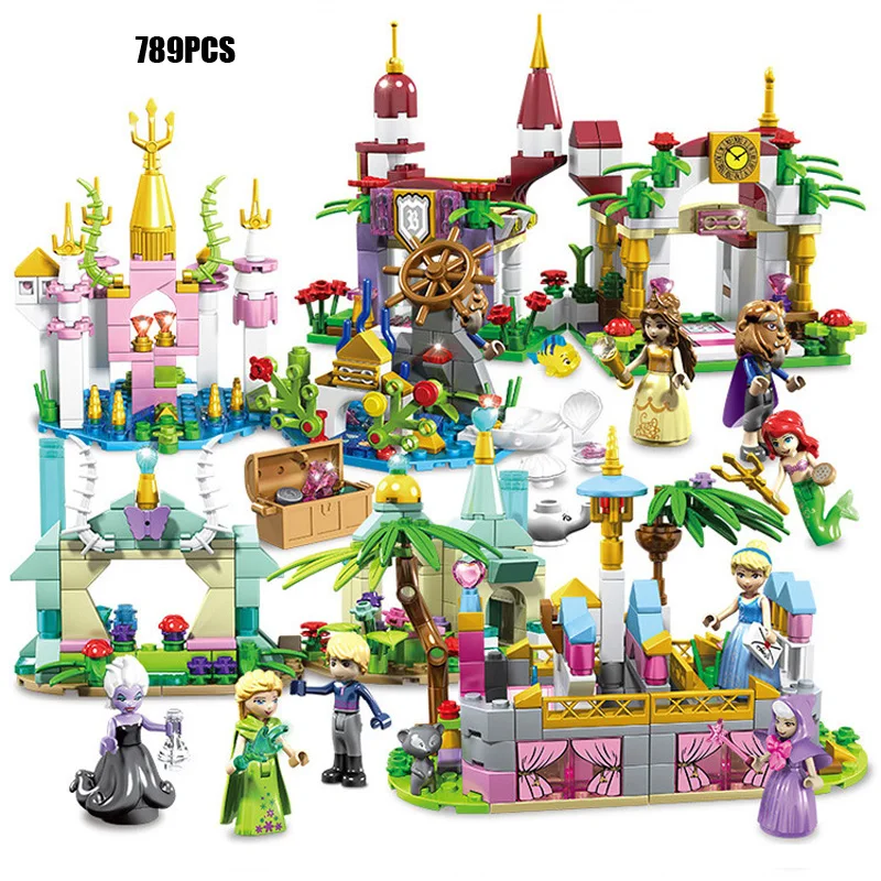 

legoinglys fairy tale Princess Castle block Ariel Mermaid snow queen elsa Beauty and Beast Belle Cinderella figures toy gift