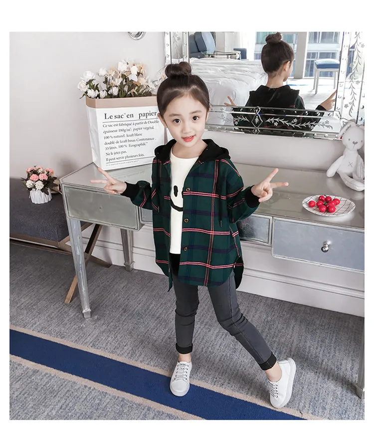 Girl'S Shirt New Style Spring And Autumn Children Plaid Shirt Long Sleeve Hooded Tops Childrenswear