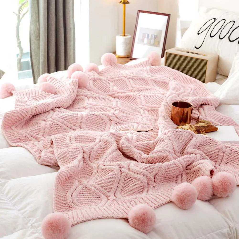 130x160cm Chenille Room Couch Skin Friendly Cover Throw Blanket Hairball Bed Cute Soft Knitted Office Lounge - Цвет: Розовый